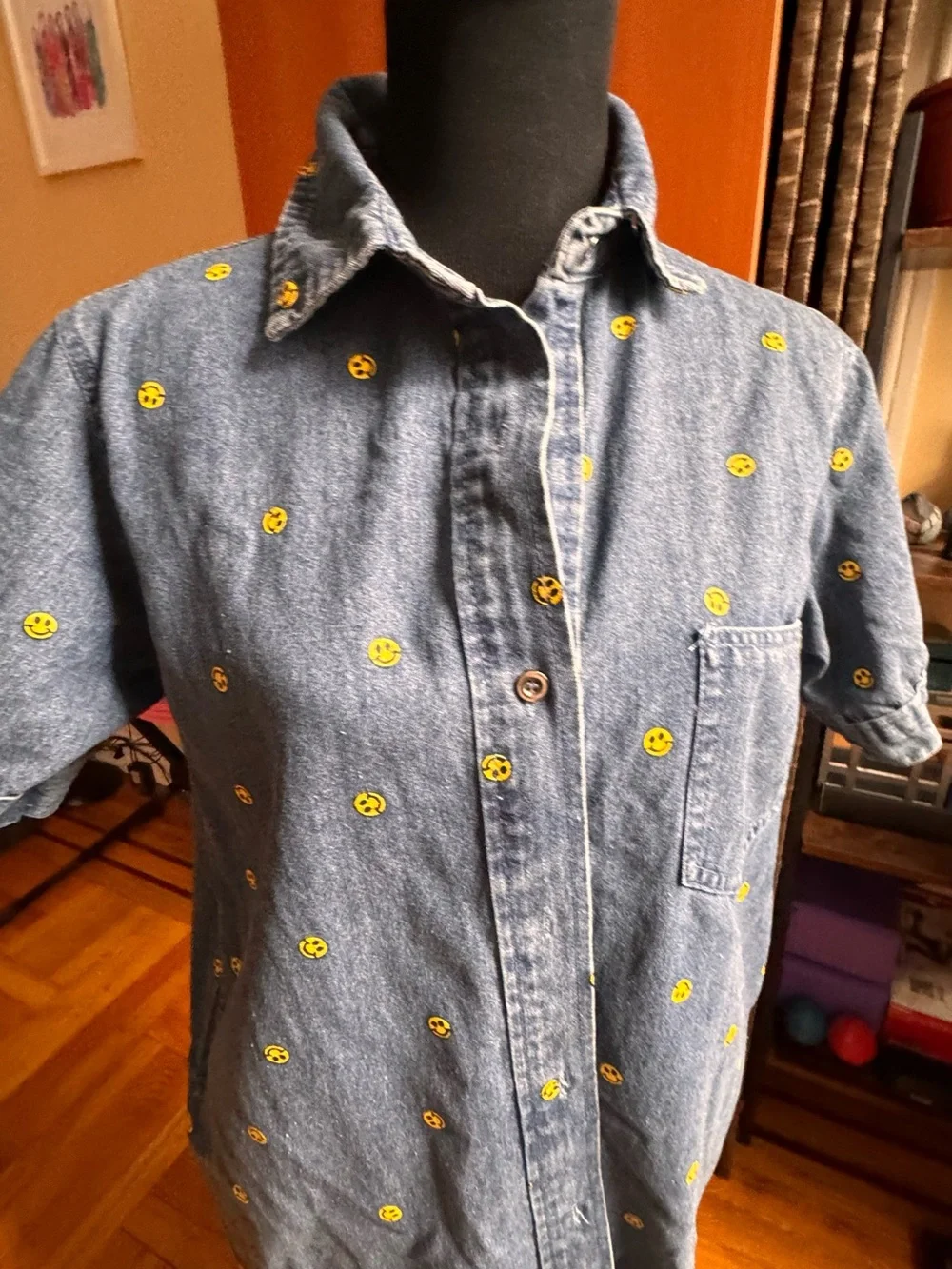 Denim Shirt Dress with Yellow Smile Embroidery - Kids